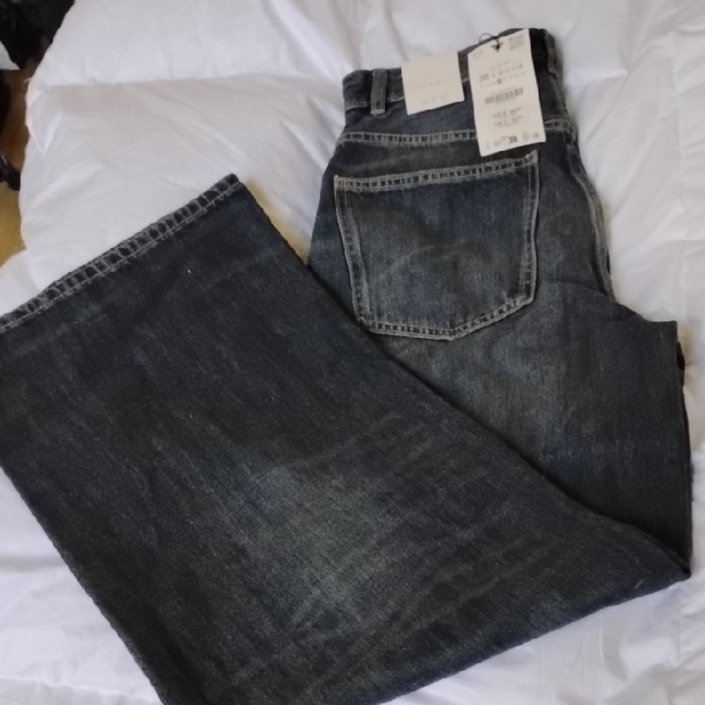 Zara Women's High Waisted, Extra Wide Legs, Distressed Blue Jeans